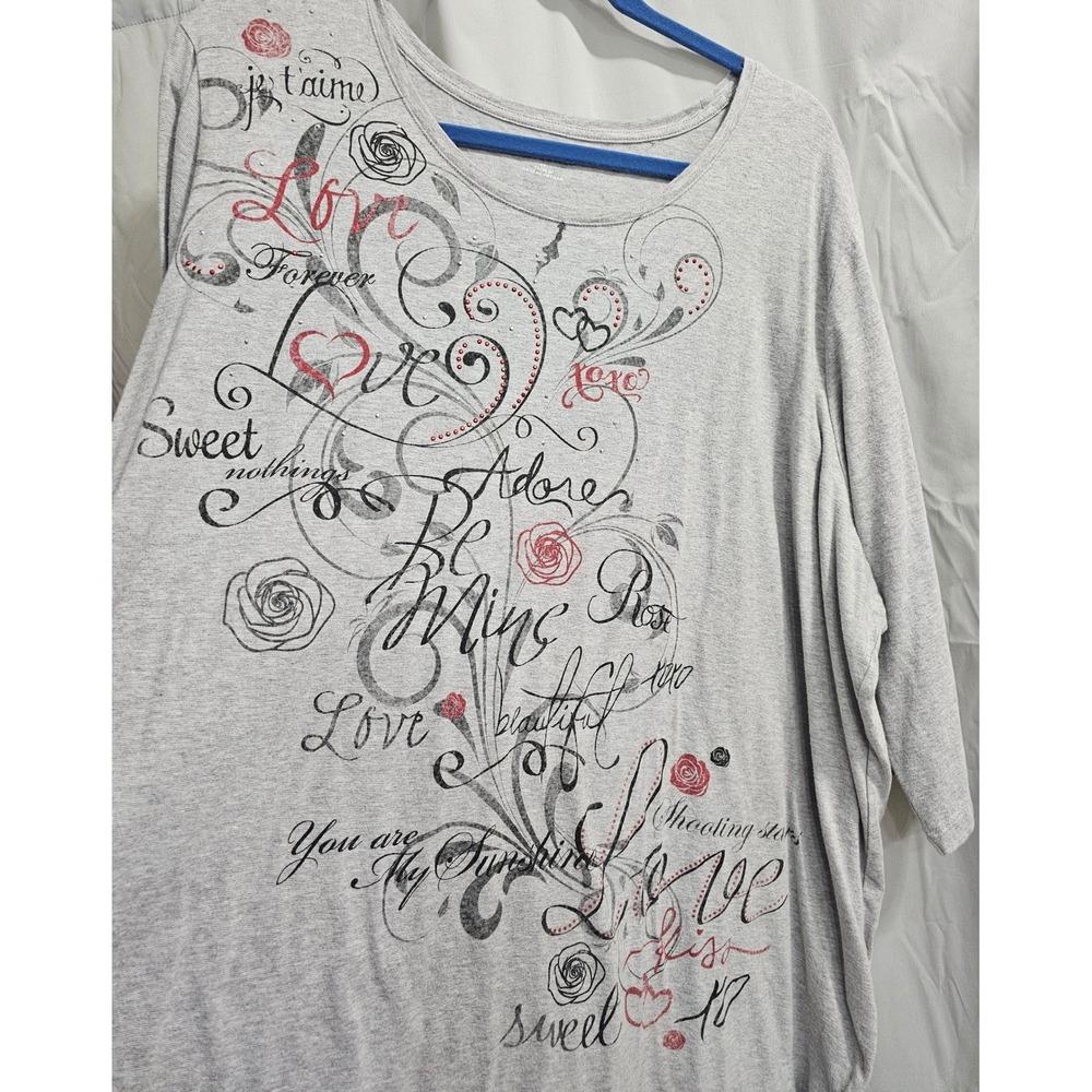 Catherines Women‎ 2X Gray Love Script Rose Graphic 3/4 Sleeve Cotton Tee Top